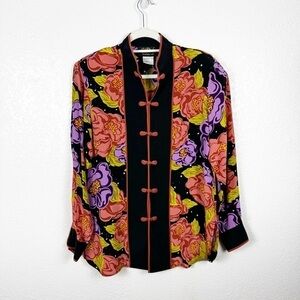 Bob Mackie Vintage Orange Purple Floral Tunic Blouse 100% Silk Size Small